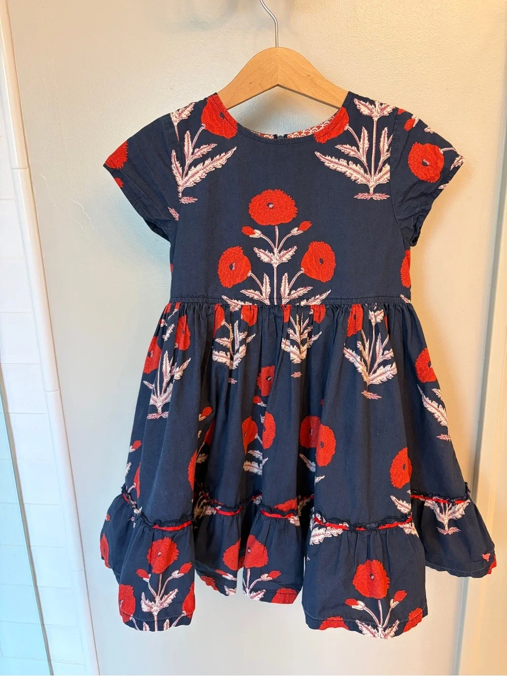 Pink Chicken Navy Dress with Red Floral Embroidery